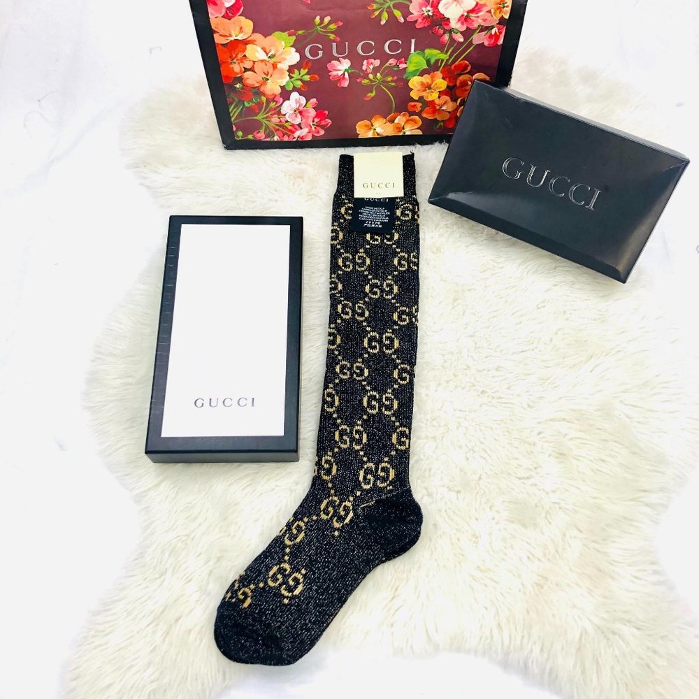 GUCCI Lame GG Knee High Socks Stockings Black/Gold